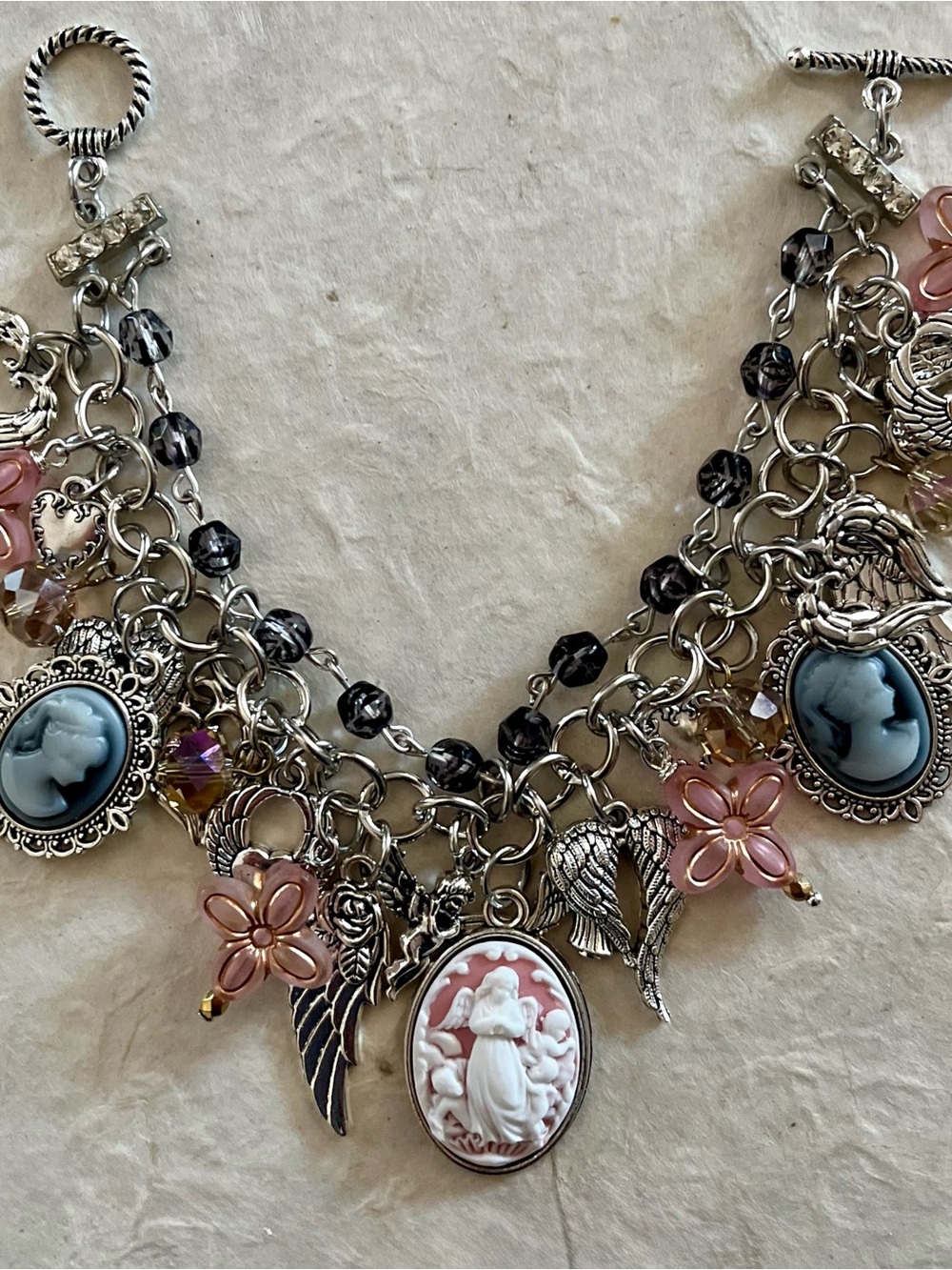 Angel & Cameo Charm Bracelet Pink Gray Jet Crystals